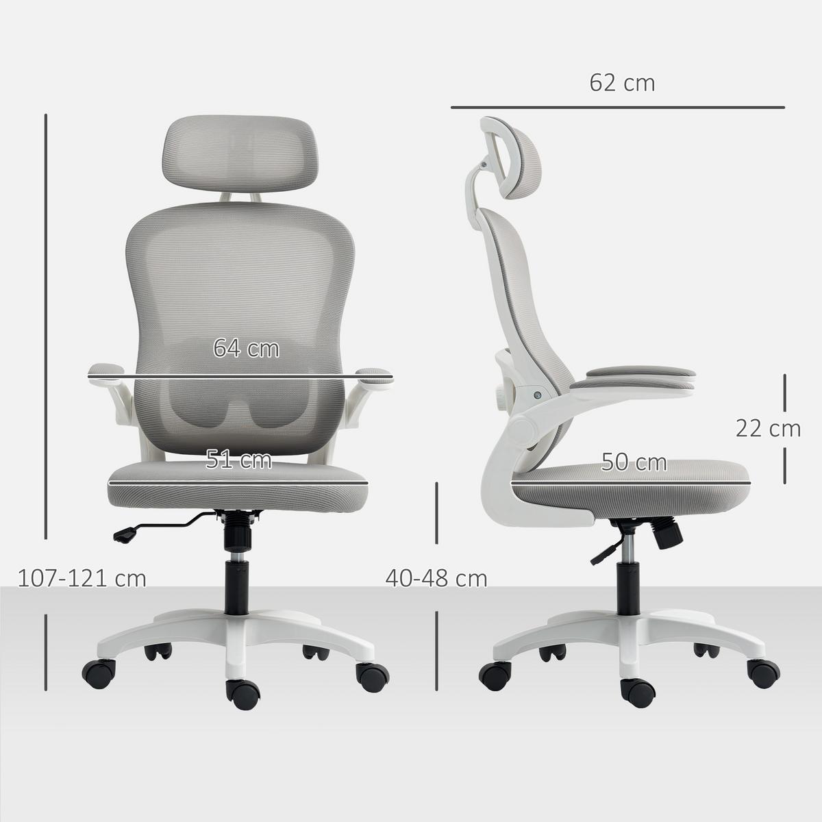 BÜROSTUHL Ergonomischer Schreibtischstuhl mit Hochklappbaren Armlehnen Grau - Weiß/Grau, Kunststoff/Textil (62/115/64cm) - HOMCOM