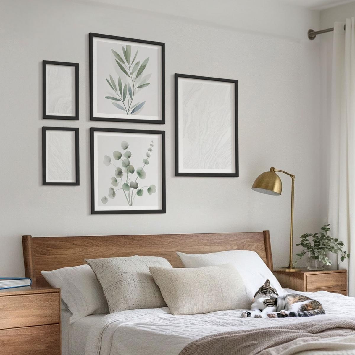 BILDER SET 5er Set - 50x50 cm & 20x30 cm & 40x60 cm Schwarzer Rahmen - Marmorstruktur, pastellfarbene Zweige - Schwarz, Kunststoff (40/60cm) - TULUP