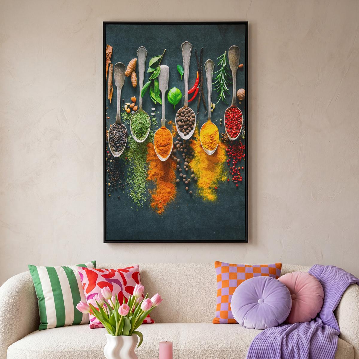 LEINWAND Bilder mit Rahmen - Kräuter - Gewürze - Löffel - 80x120 - Currygelb, Textil (80/120cm) - MuchoWow