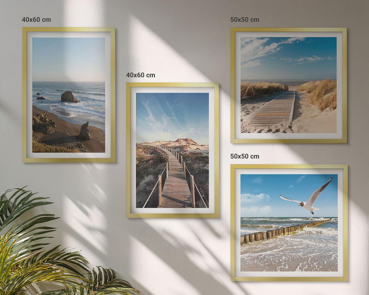 BILDER SET 4er Set - 50x50 cm & 40x60 cm Goldrahmen - Strandwellen, Himmelsbrücke, Spaziergang - Goldfarben, Kunststoff (50/50cm) - TULUP
