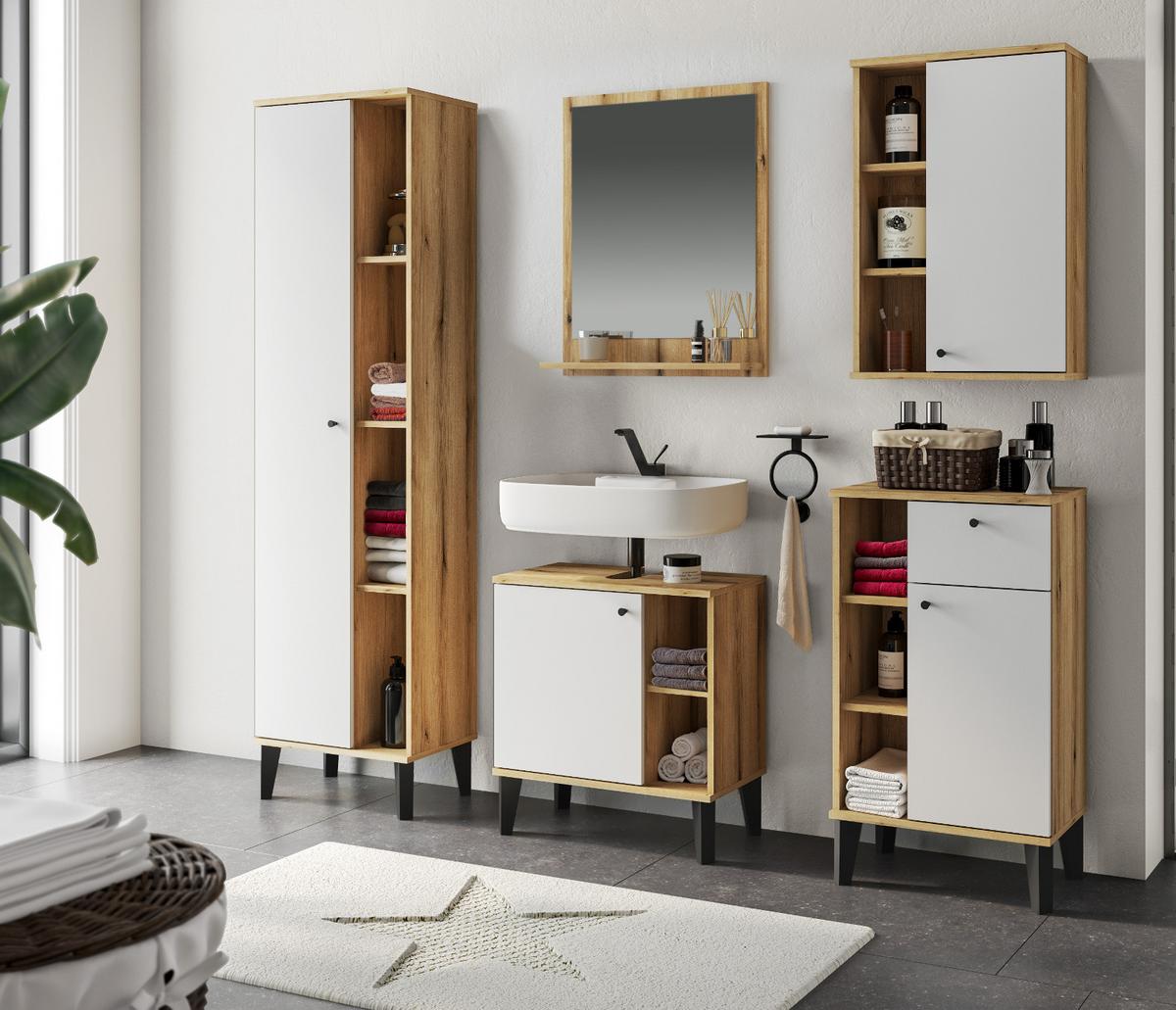 BADMÖBEL-SET 5-teilig weiß, Evoke Eiche, Badkombination, 182 x 190 cm - Eichefarben/Schwarz, Glas/Holzwerkstoff (182/190/33cm) - Furn.Design