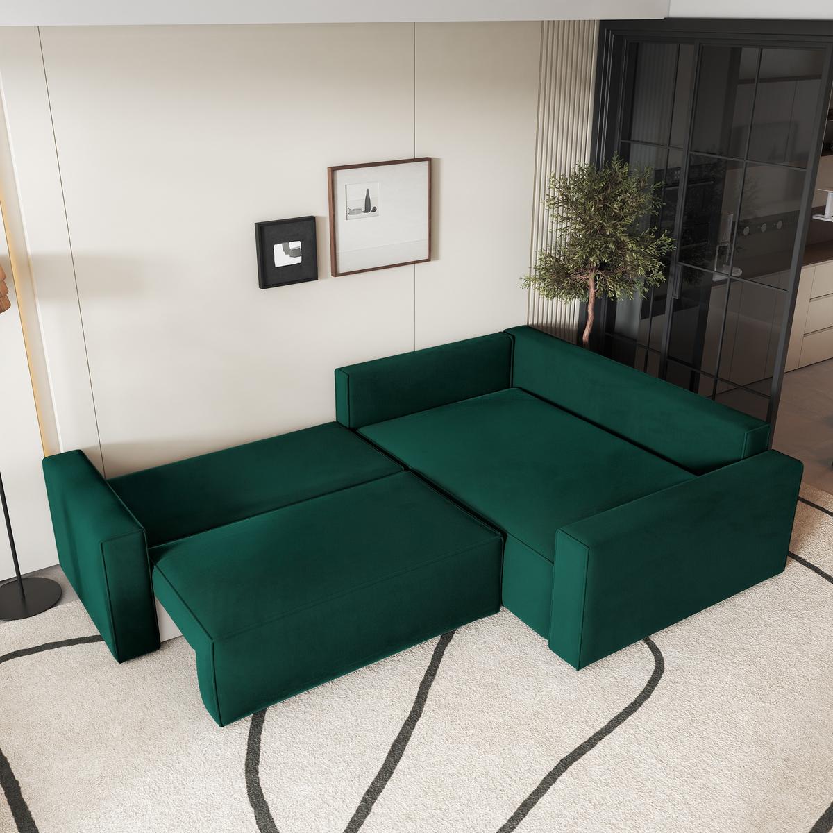 ECKSOFA ERONIS R-S Grün Velours-Stoff mit Schlaffunktion - Grün, Holz (265/194cm) - MASSENO