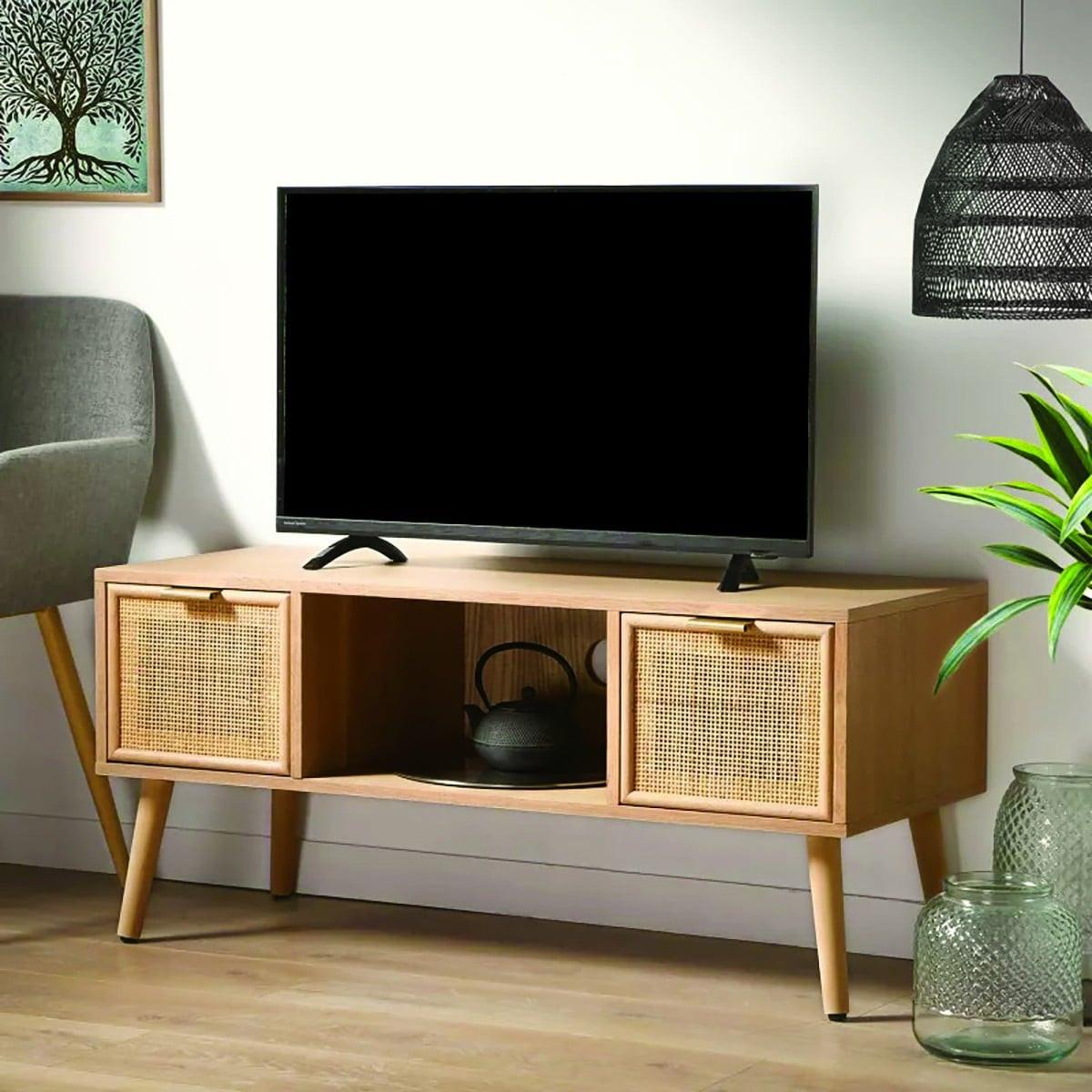 TV-MÖBEL mit 2 Schubladen Vorderseite aus Rattan - L100 cm - Eschefarben, Holzwerkstoff (42/45/45cm) - Calicosy