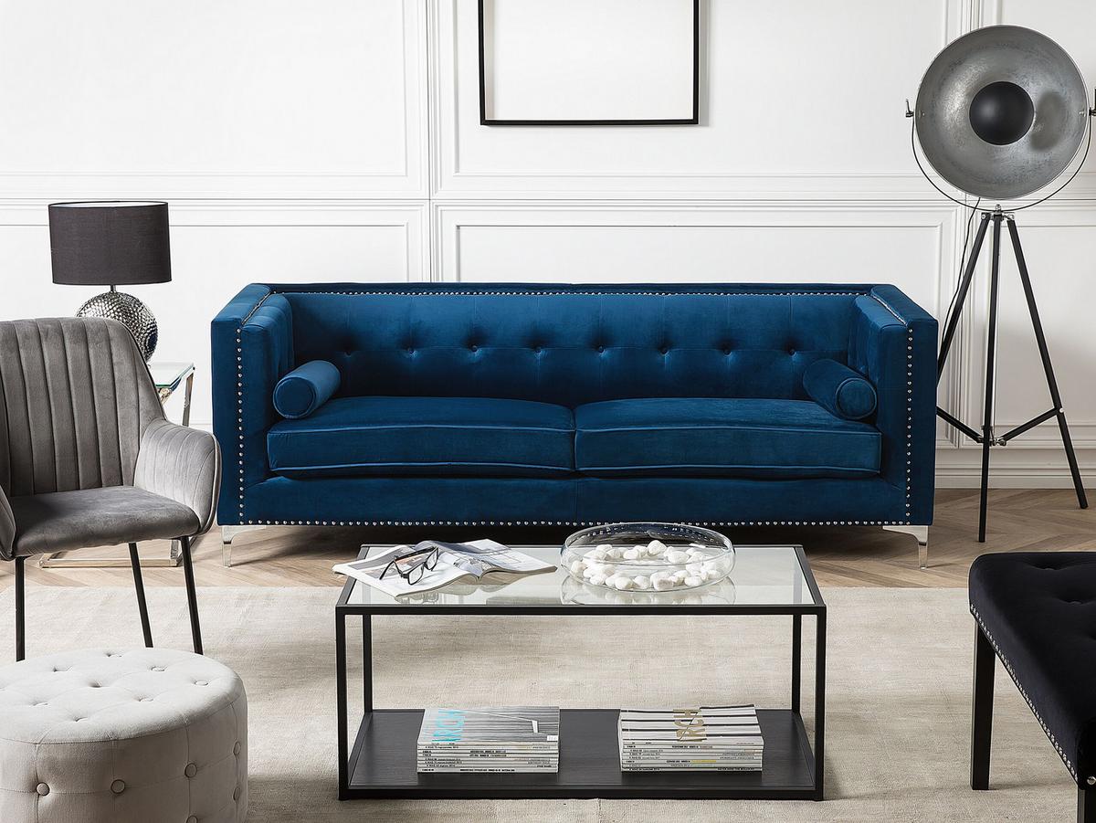 3-SITZER-SOFA Samtstoff Marineblau Avaldsenes - Hellblau, Textil (211/74/82cm) - Beliani