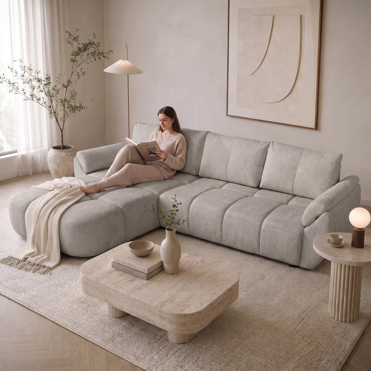 ECKSOFA Massimo, universelle Eckschlafsofa 280 cm mit Schlaffunktion und Bettkasten, Beige - Beige, Textil (283/204cm) - Beautysofa