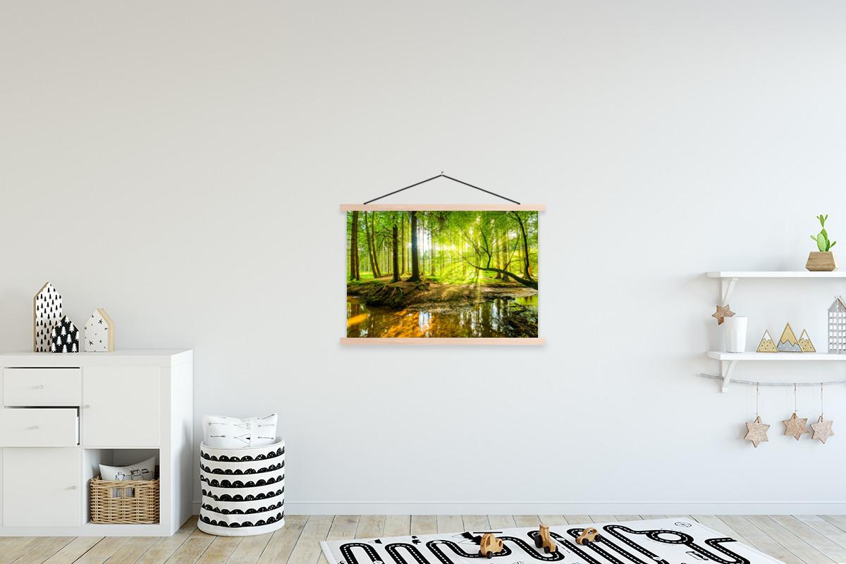 POSTER MIT MAGNETLEISTEN Wald - Landschaft - Wasser - Bäume - Sonne - Grün - Natur Wanddeko 90x60 cm - Grün, Textil (90/60/0.15cm) - MuchoWow