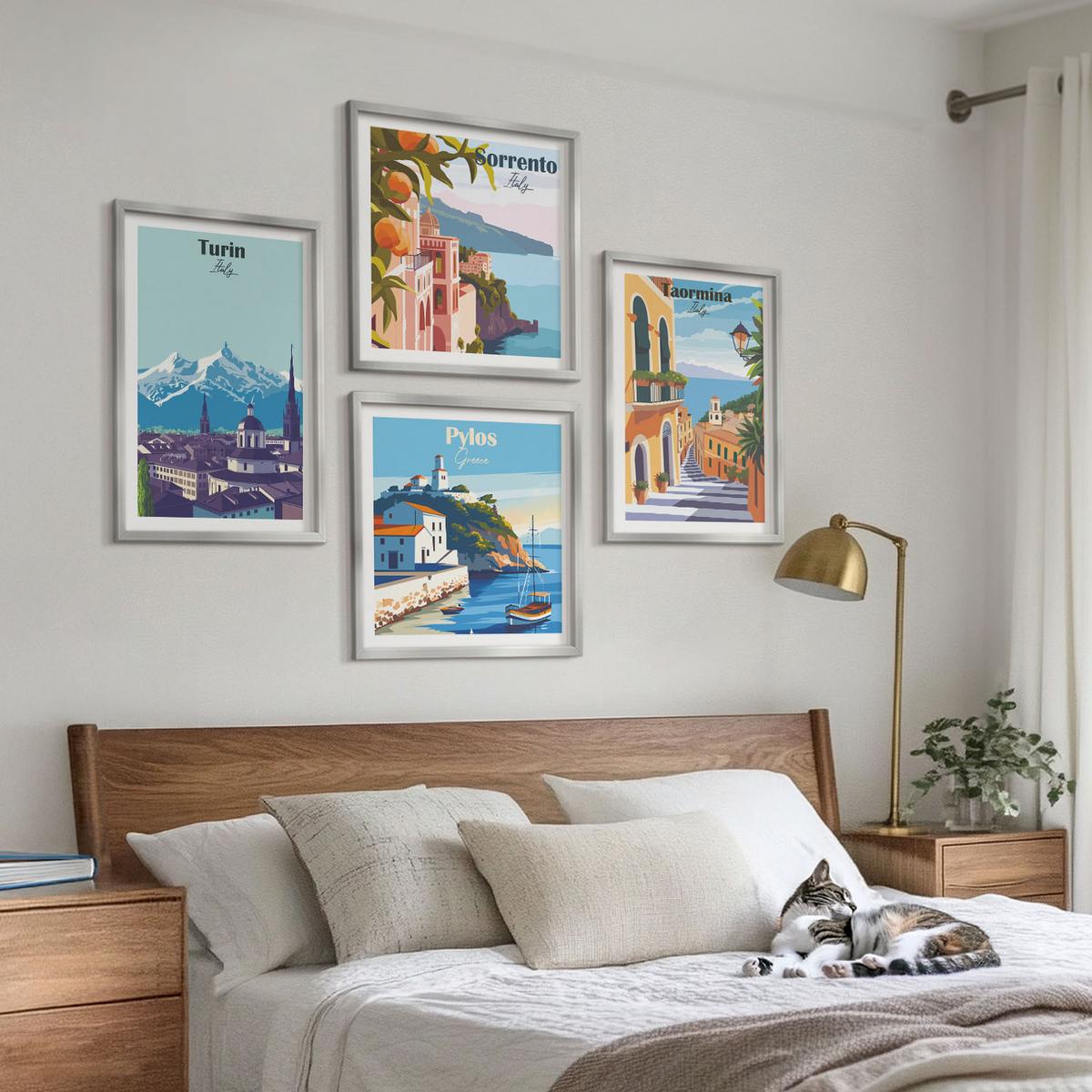 BILDER SET 4er Set - 50x50 cm & 40x60 cm Silberner Rahmen - Farbenfrohe Illustrationen von Retro-Städten - Silberfarben, Kunststoff (50/50cm) - TULUP