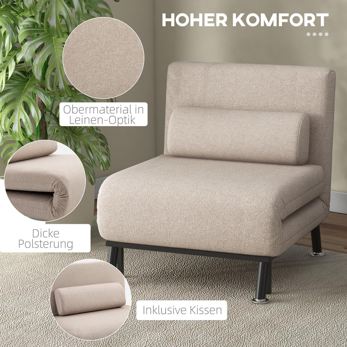 SCHLAFSESSEL, Klappsessel mit Bettfunktion, Rückenkissen, für Wohnzimmer, Beige - Beige/Schwarz, Textil/Metall (70/75/75cm) - HOMCOM