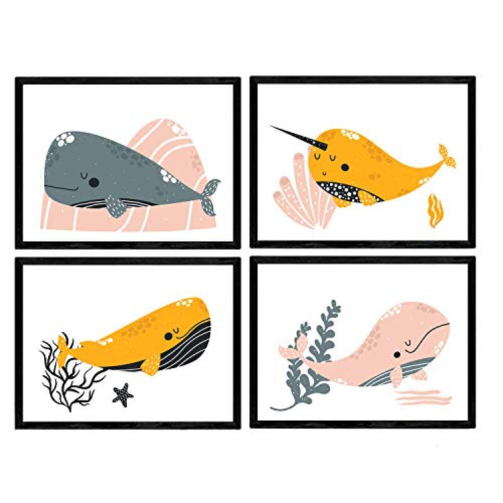 POSTER Set mit 4 Wale im Meer grau orange und rosa A4 Rahmenlos - Klar, Papier (29.7/3cm) - Nacnic