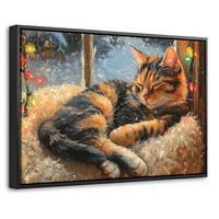LEINWAND Bilder mit Rahmen - Katze - Weihnachten - Winter - Tier - 60x40 - Bernsteinfarben, Textil (60/40cm) - MuchoWow