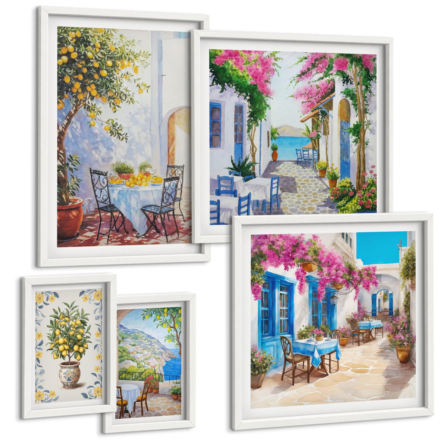 BILDER SET 5er Set - 50x50 cm & 20x30 cm & 40x60 cm Weißer Rahmen - Berglandschaften mit einem Fluss - Weiß, Kunststoff (40/60cm) - TULUP