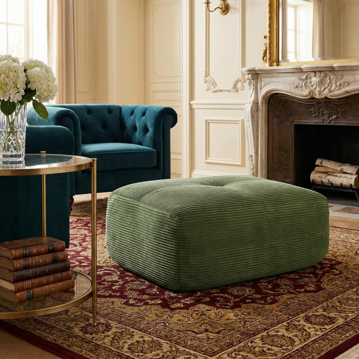 HOCKER OTTOMAN in Premium-Cord Montagefrei & Rutschfest - Grün, Textil (92/44/75cm) - Urban Meuble