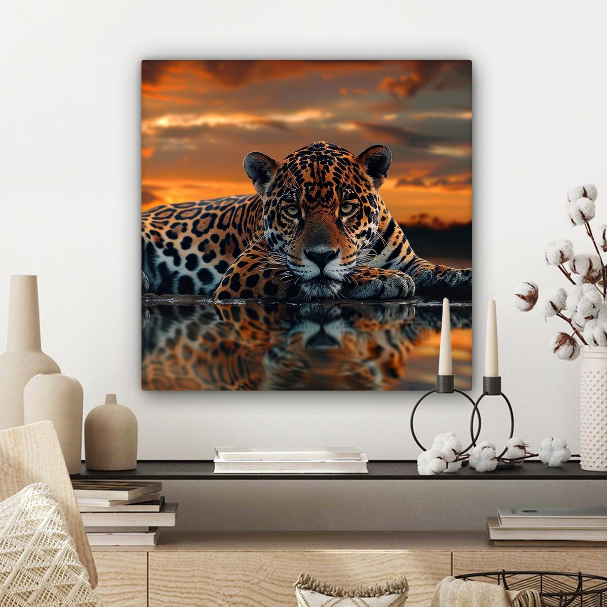 LEINWANDBILD Natur - Leopard - Tier - Sonnenuntergang - Modern Wandbild Wohnzimmer 50x50 cm - Orange, Textil (50/50cm) - MuchoWow