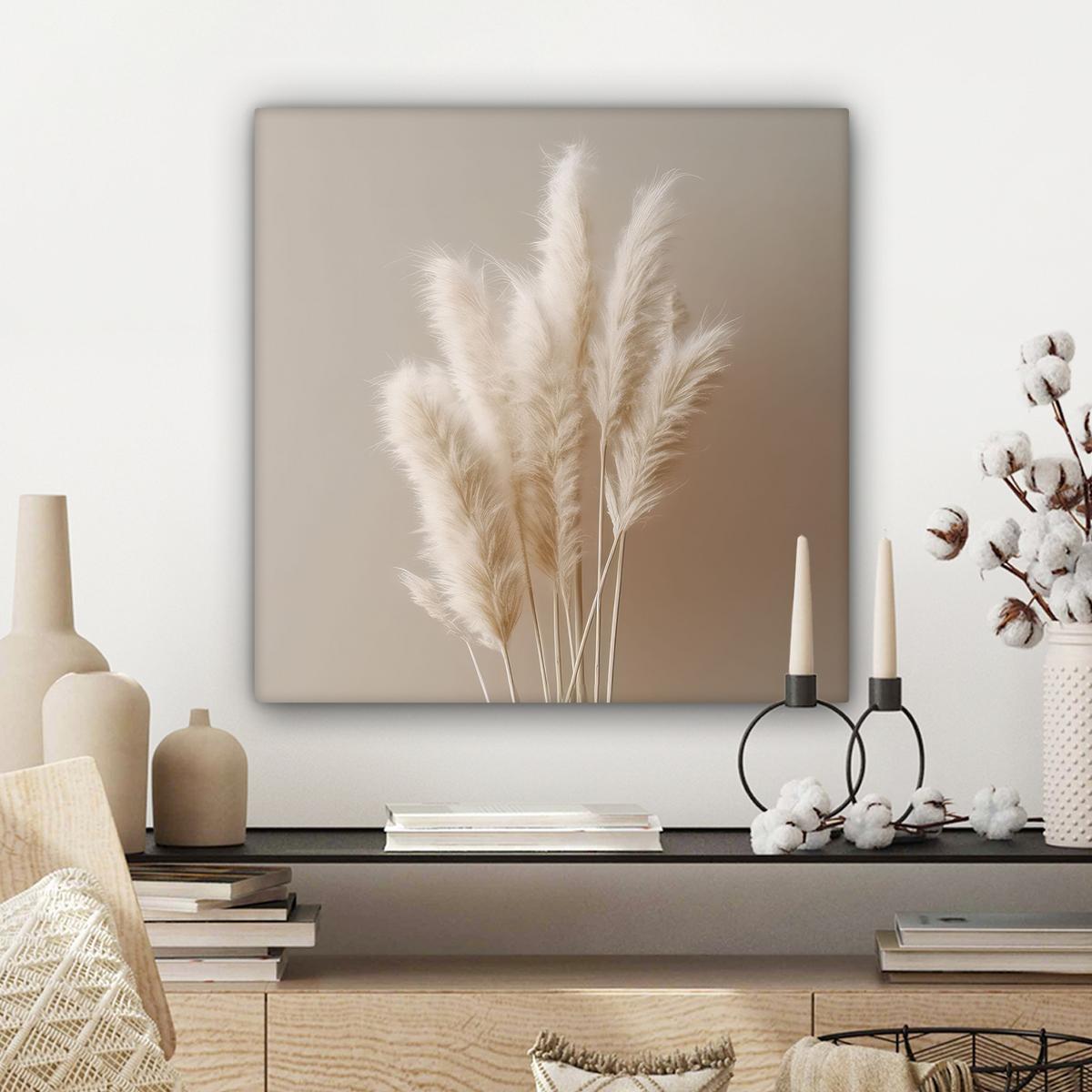 LEINWANDBILD Pampasgras - Federn - Pastell - Weiß Wandbild Wohnzimmer 50x50 cm - Naturfarben, Textil (50/50cm) - MuchoWow