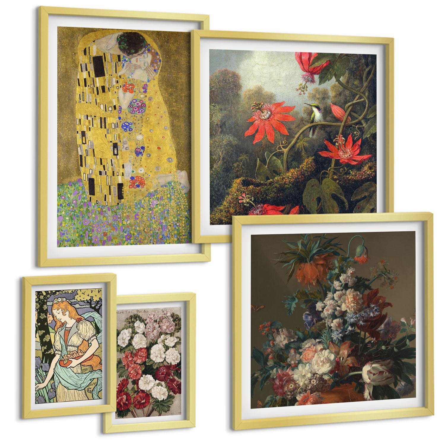 BILDER SET 5er Set - 50x50 cm & 20x30 cm & 40x60 cm Goldrahmen - Blumen des Baumes (Gemälde von Klimt) - Goldfarben, Kunststoff (40/60cm) - TULUP