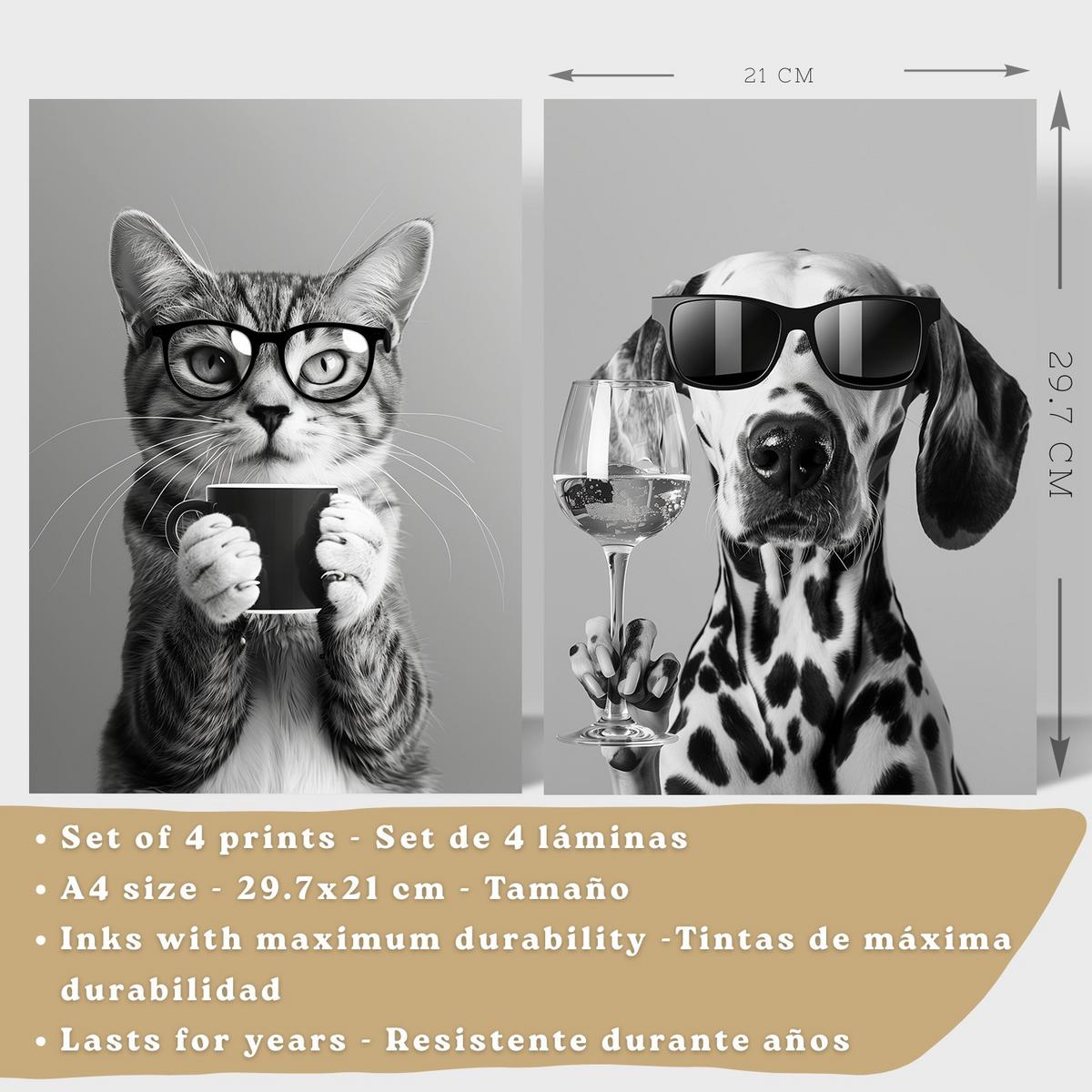 POSTER 4er Set Lustige Tiere mit Brille Wandbilder Katze Dalmatiner Panda Koch Schwarz Weiß Küche Deko Schwarzer Rahmen A4 - Schwarz, Papier (29.7/1/21cm) - Nacnic