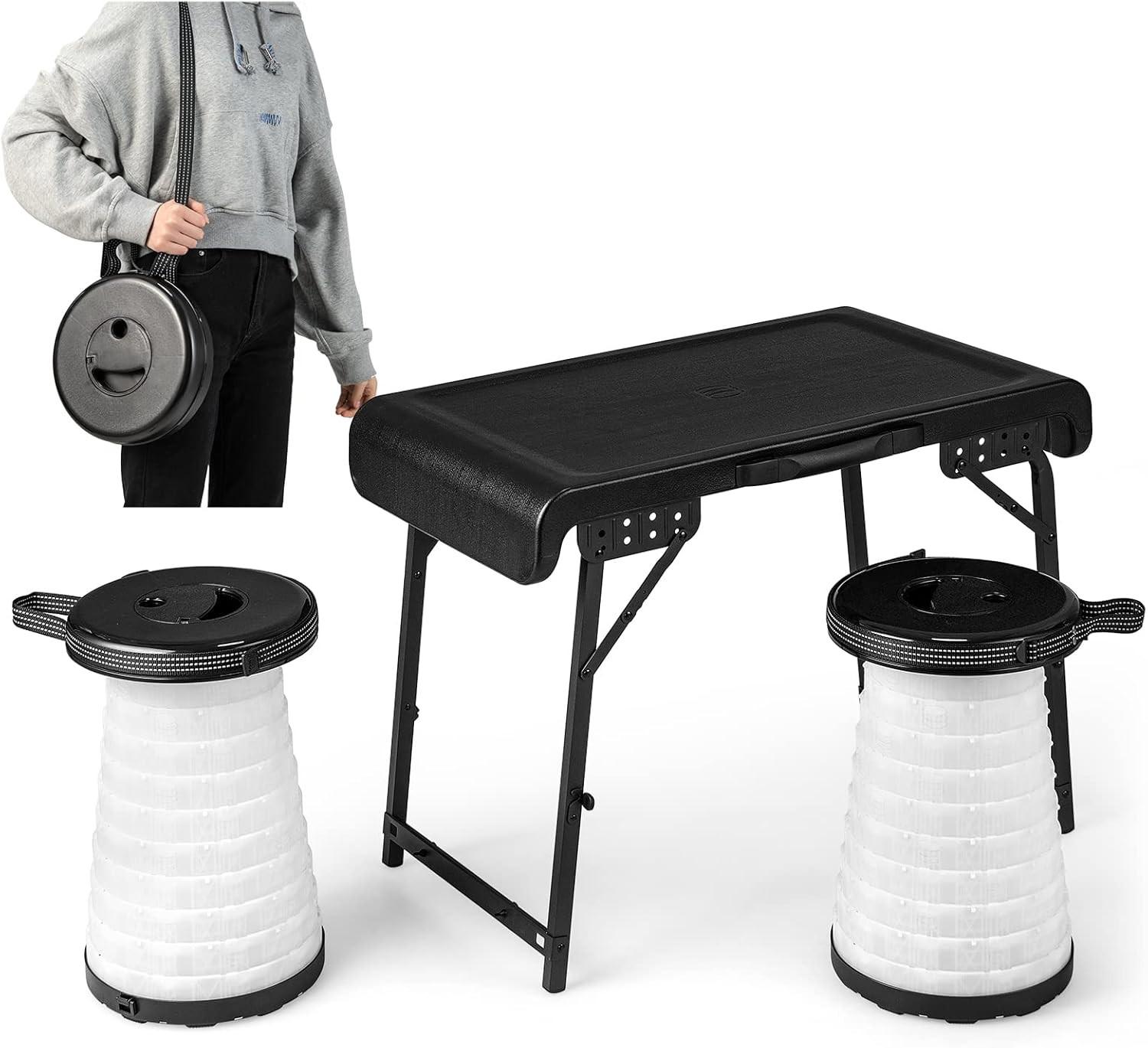 KLAPPTISCH mit 2 LED Teleskophockern Schwarz(3-teilig) - Schwarz, Metall - COSTWAY