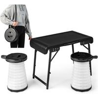 KLAPPTISCH mit 2 LED Teleskophockern Schwarz(3-teilig) - Schwarz, Metall - COSTWAY