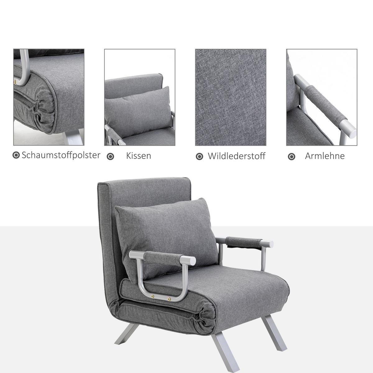 SCHLAFSESSEL 3-IN-1 mit Kissen grau - Hellgrau, Kunststoff (69/80/65cm) - HOMCOM