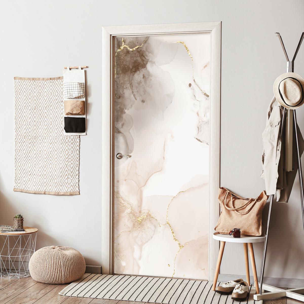 TÜRAUFKLEBER Marmor - Braun - Linie 90x215 cm - Türtapete - Champagner, Kunststoff (90/0.1cm) - MuchoWow