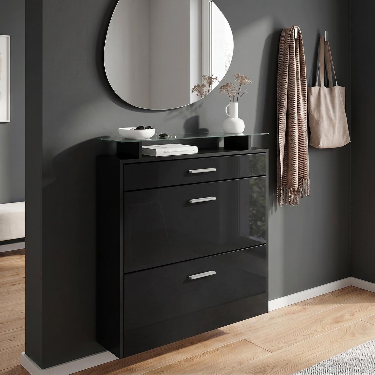 SCHUHSCHRANK Malea Front in Schwarz Hochglanz - Schwarz Hochglanz, Holzwerkstoff (89/96/23cm) - Vladon