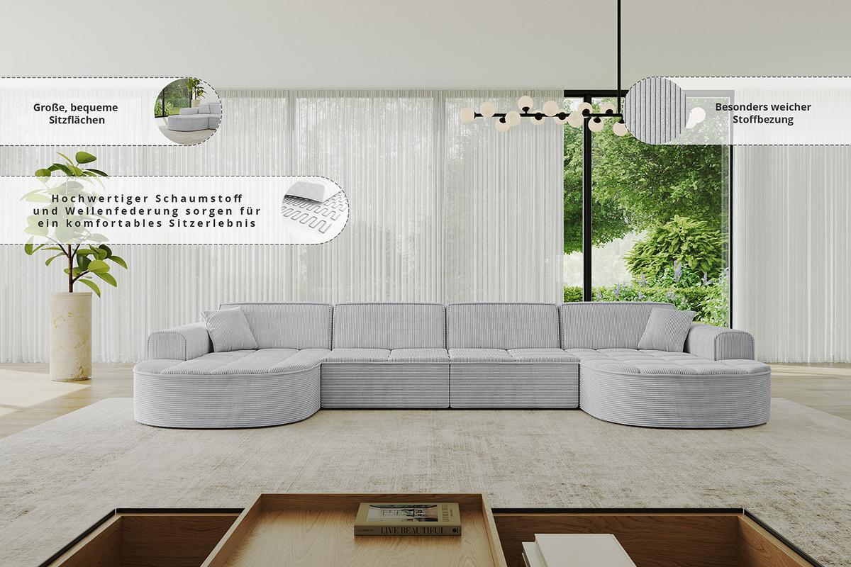 WOHNLANDSCHAFT TARO-U2 - 388x171x79,5 cm Hellgrau - Hellgrau, Holzwerkstoff/Textil (388/79.5/171cm) - ALTDECOR