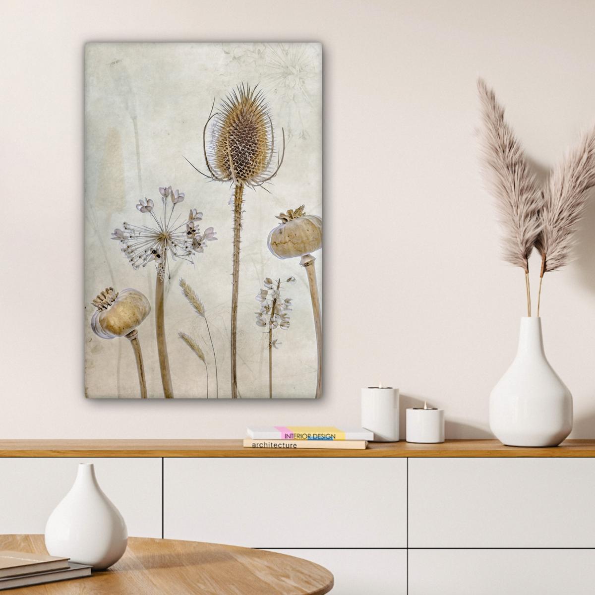 LEINWANDBILD Blumen - Aquarell - Stilleben - Braun - Vintage Wanddeko Schlafzimmer 60x90 cm - Beige, Textil (60/90cm) - MuchoWow