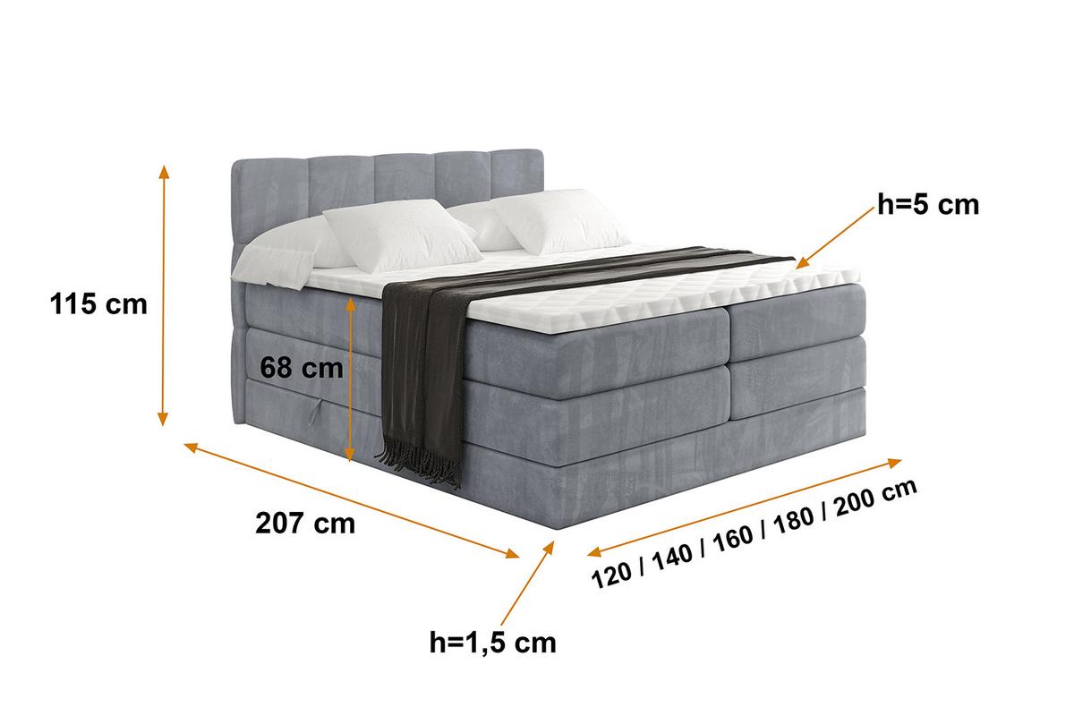 BOXSPRINGBETT mit Matratze H3|H4 und Lattenrost - LIRO KING-200x200 - Grau Casablanca - Grau, Holzwerkstoff (200/200cm) - ALTDECOR