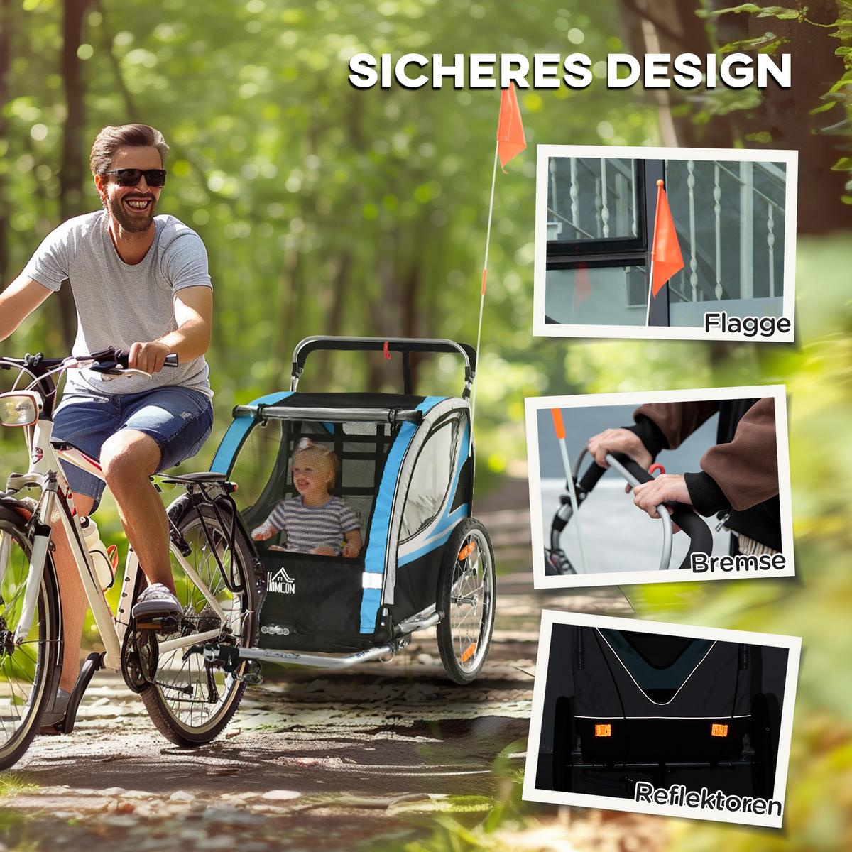 2 in 1 Kinderfahrradanhänger, Kinderanhänger, Fahrradanhänger, Blau - Blau, Metall (75/101/142cm) - HOMCOM