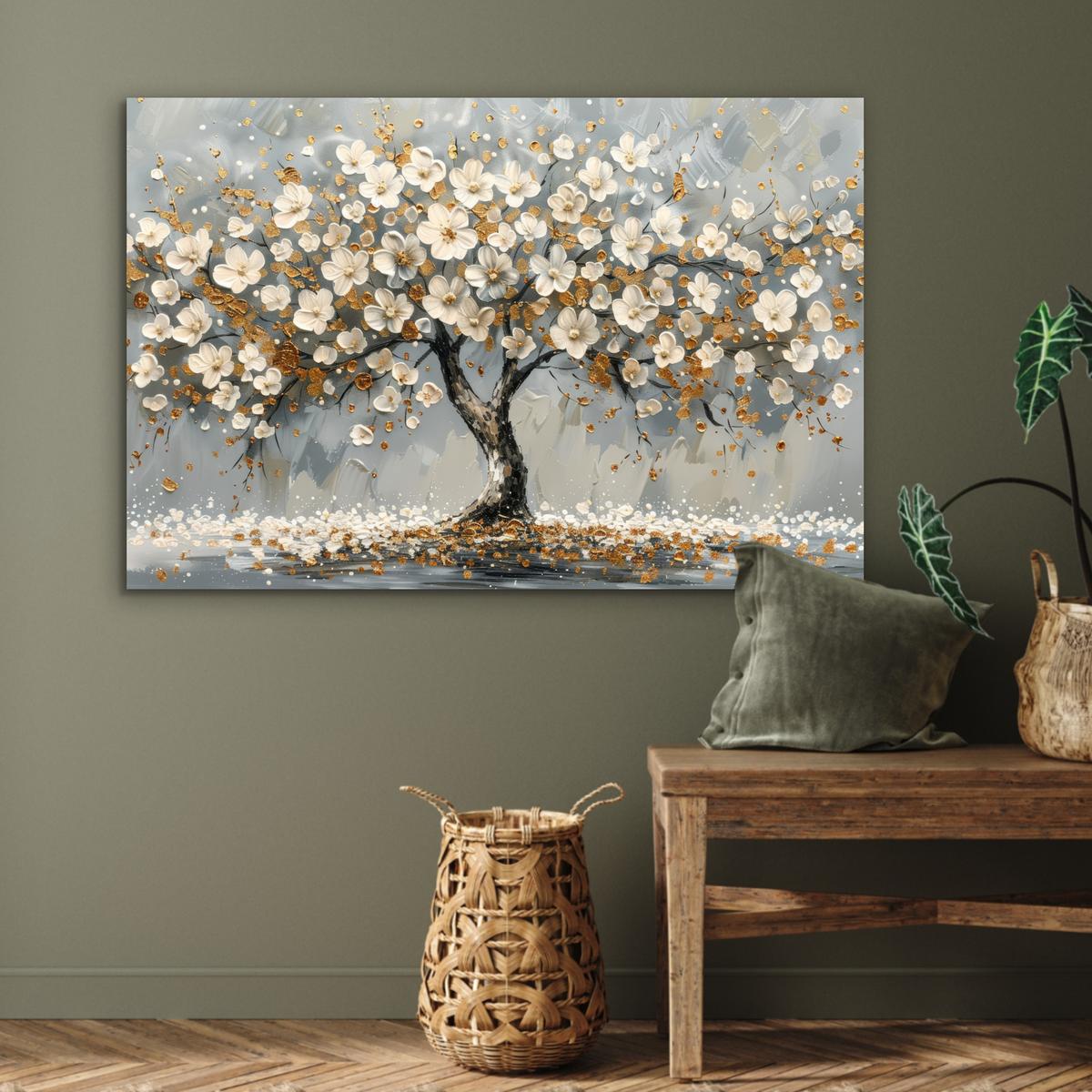 METALLBILD Baum - Blumen - Weiß - Natur - Kunst Deko Groß 120x80 cm - Weiß, Metall (120/80cm) - MuchoWow