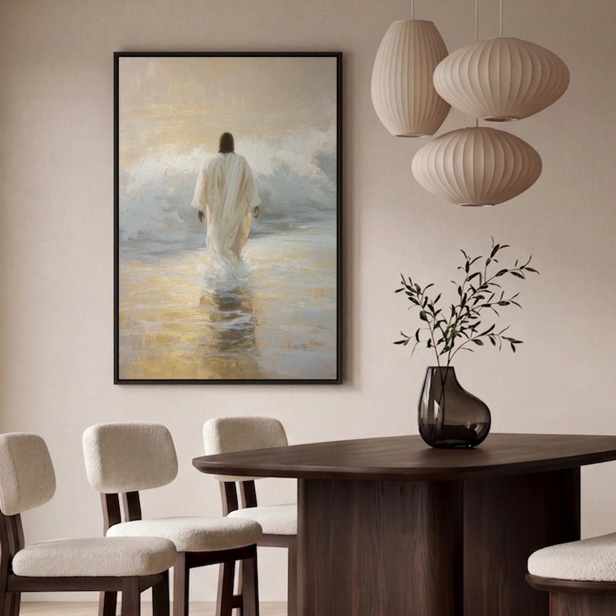 LEINWAND Bilder mit Rahmen - Gemälde - Welle - Jesus - Abstrakt - 80x120 - Goldfarben, Textil (80/120cm) - MuchoWow