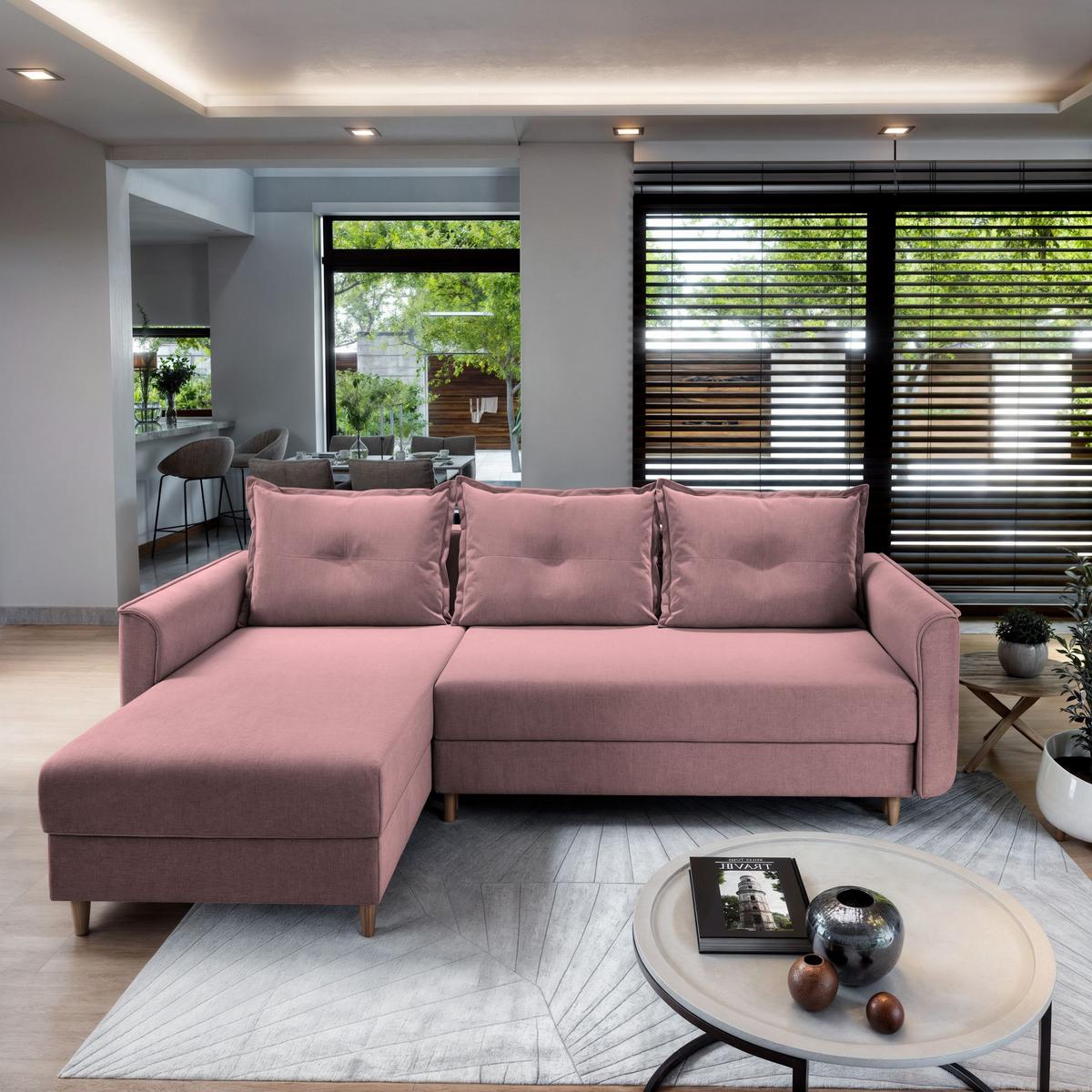 ECKSOFA PISAN L-S Rosa Plüsch-Stoff mit Schlaffunktion - Rosa/Braun, Holz/Textil (220/140cm) - MASSENO