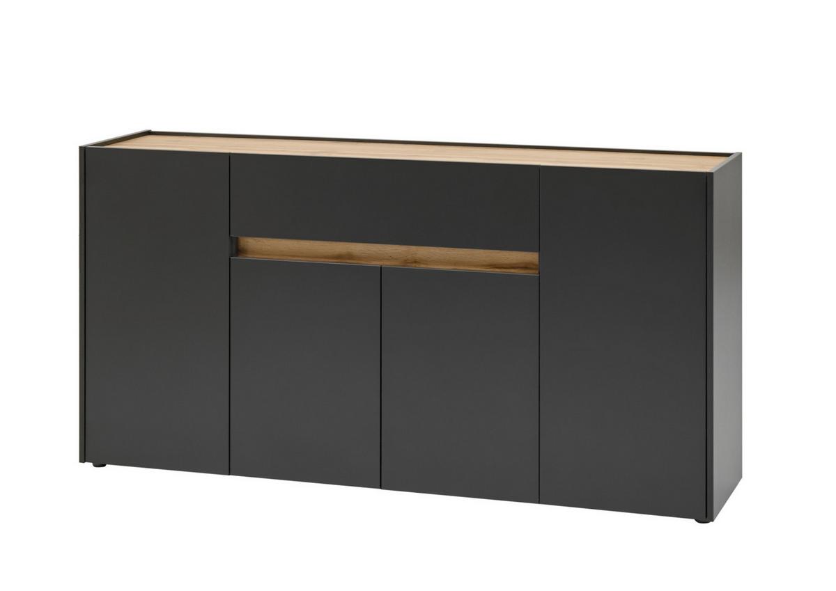 SIDEBOARD grau matt, Eiche Wotan 170 x 87 cm, Kommode 4-türig - Eiche Wotan/Schwarz, Holzwerkstoff/Kunststoff (170/87/40cm) - Furn.Design