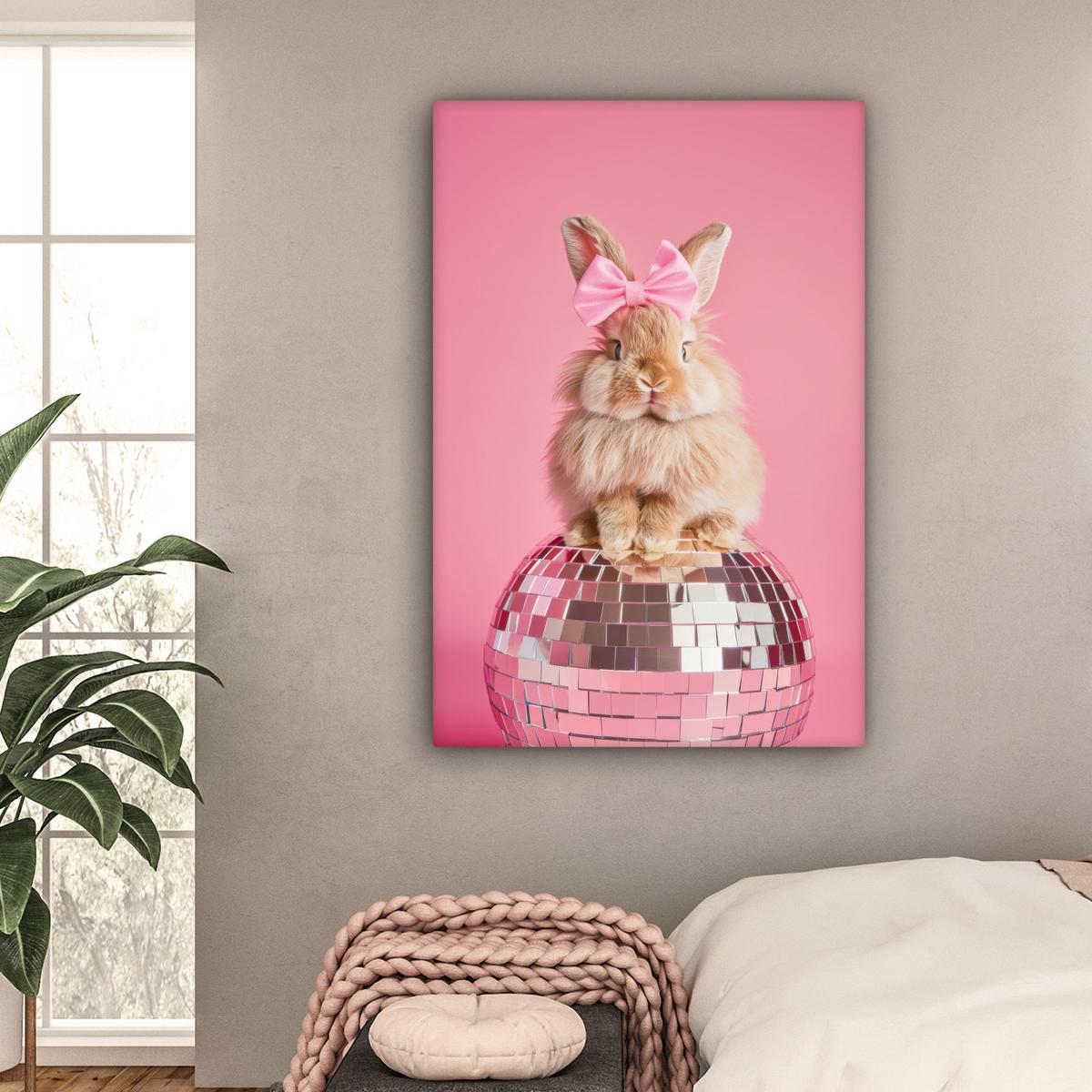 LEINWANDBILD Schleife - Discoball - Kaninchen Deko XXL 80x120 cm - Pink, Textil (80/120cm) - MuchoWow