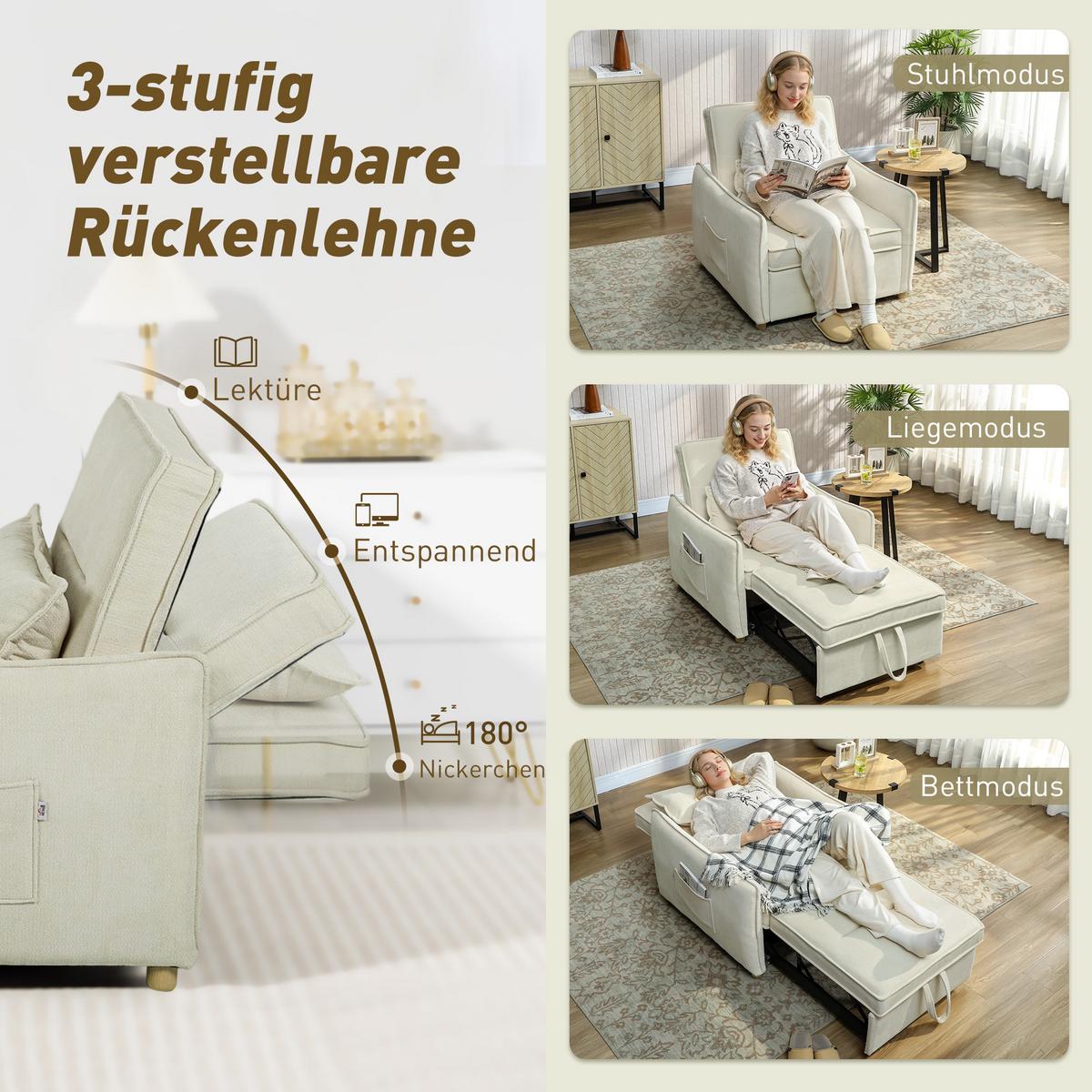SCHLAFSESSEL Polyester Eukalyptusholz Cremeweiß - Eukalyptusholzfarben/Creme, Holz/Textil (84/87/88cm) - HOMCOM