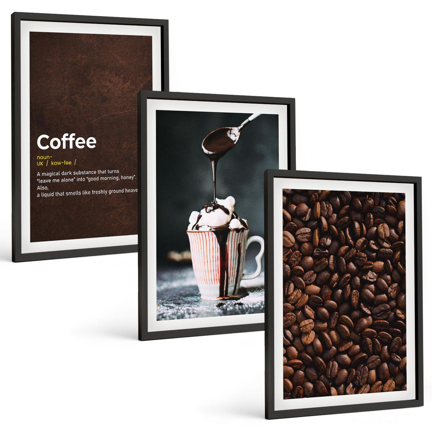BILDER SET 3er Set - 40x60 cm Schwarzer Rahmen - Kaffeegetränk mit Schlagsahne - Schwarz, Kunststoff (40/60cm) - TULUP