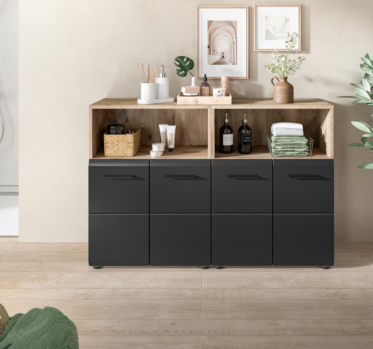 MIDISCHRANK Set Schwarz matt und Eiche, 2x Bad Kommode, gesamt 120 x 80 cm - Eichefarben/Schwarz, Holzwerkstoff/Kunststoff (120/80/30cm) - Inn.Furn
