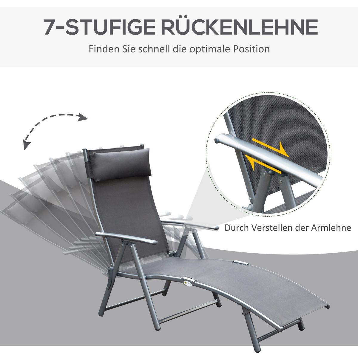 SONNENLIEGE, klappbar, mit Kissen, 137 x 63,5 x 100,5 cm, Metall, Stoff, Grau - Grau, Kunststoff (63.5/100.5/137cm) - Outsunny
