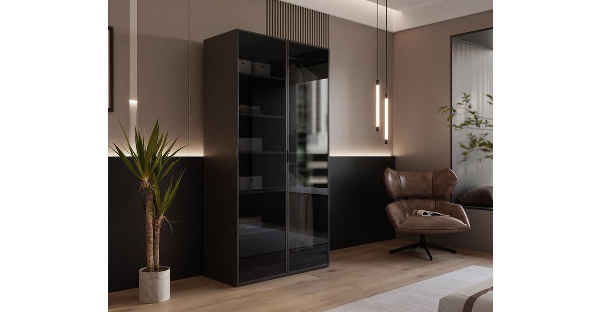 KLEIDERSCHRANK SANDBOX MODERN 100 101/49/200 cm Schwarzgraphit / schwarzes Glas mit LED ohne Zusatzböden - Schwarz, Holzwerkstoff/Kunststoff (101/200/49cm) - Lookway