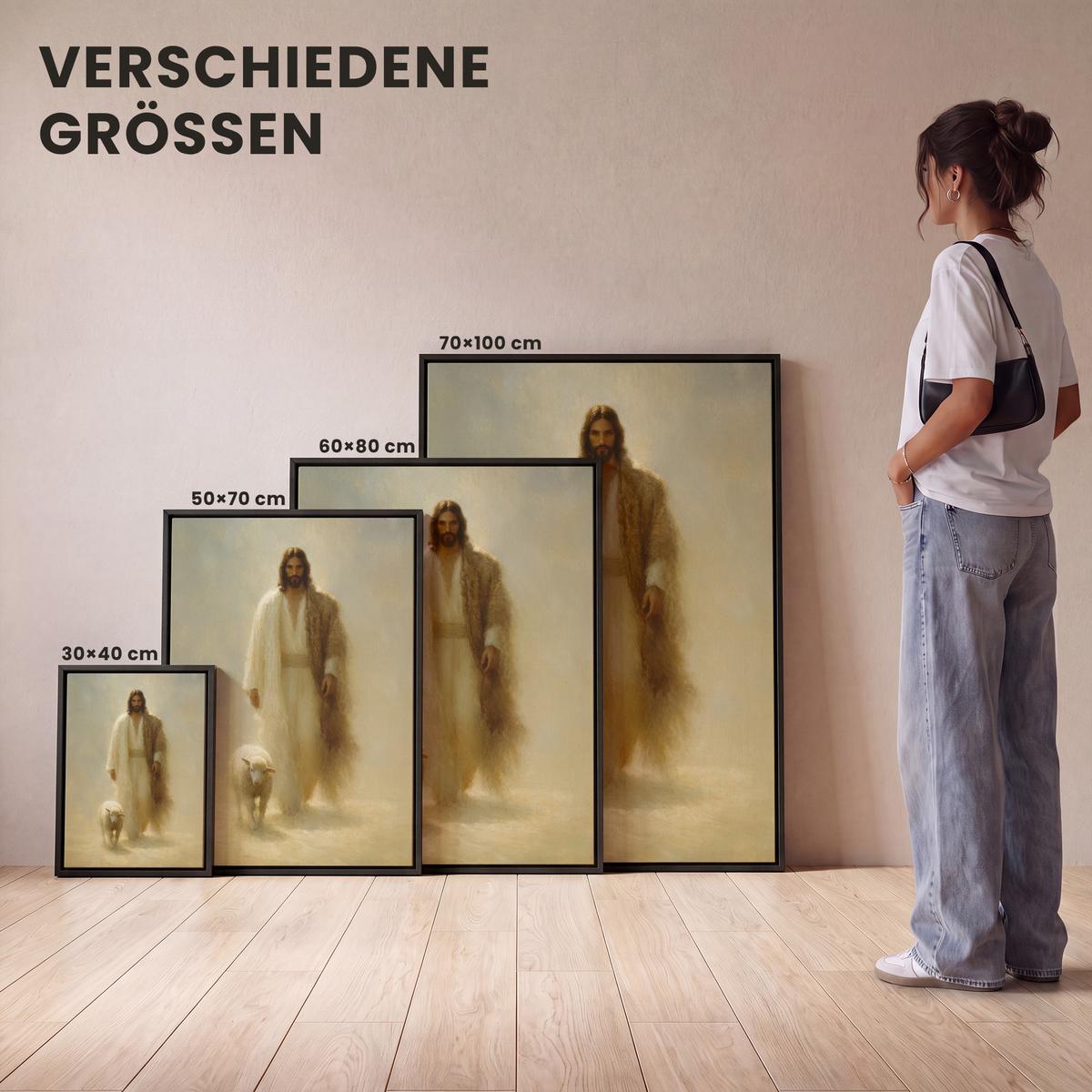 LEINWAND Bilder mit Rahmen - Schaf - Jesus - Pinselstriche - Abstrakt - 50x70 - Beige, Textil (50/70cm) - MuchoWow