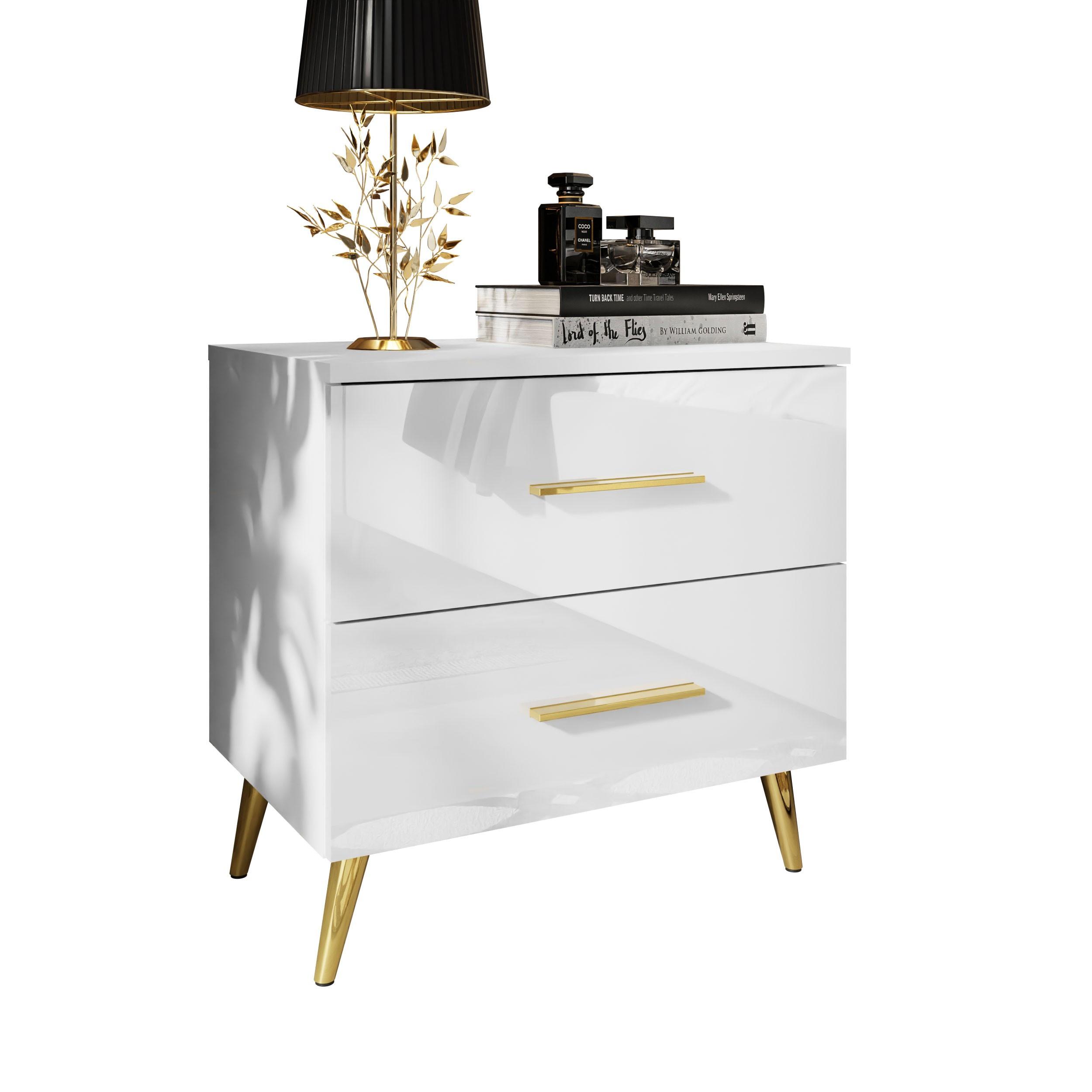 NACHTTISCH AURA mit Griffen, goldenen Beinen - Goldfarben/Weiß, Holzwerkstoff (55/55/37cm) - Lookway