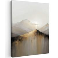 LEINWANDBILD Hügel - Abstrakt - Kreuz - Christentum Wandbild Wohnzimmer 60x80 cm - Beige, Textil (60/80cm) - MuchoWow