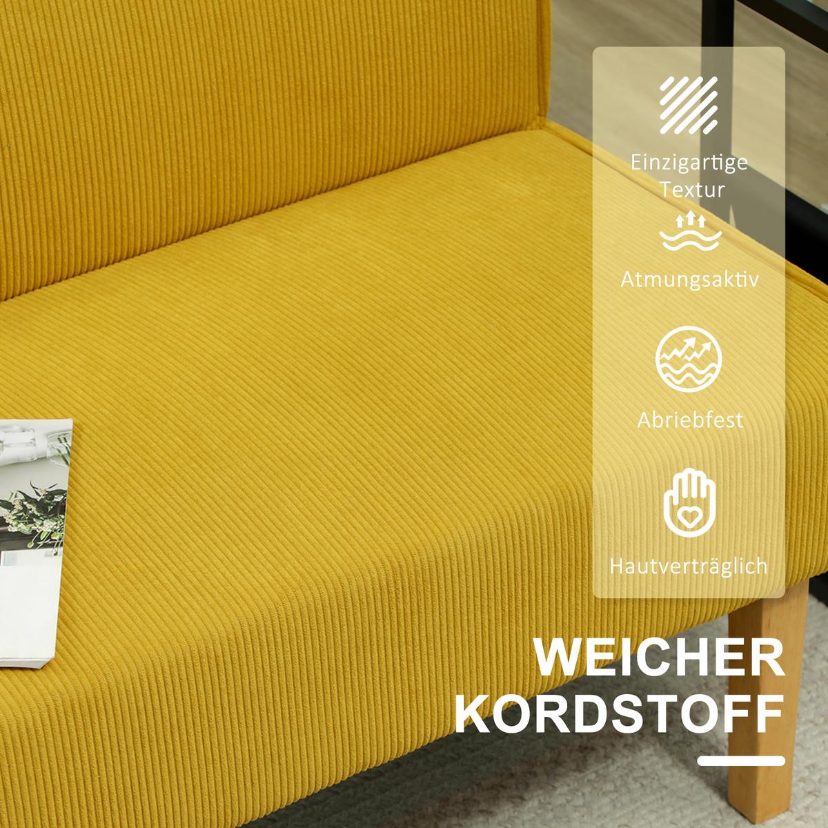 SOFA 2 Sitzer, mit Cord-Optik, 110 x 62 x 85 cm, Gelb - Gelb, Textil (62/85/110cm) - HOMCOM