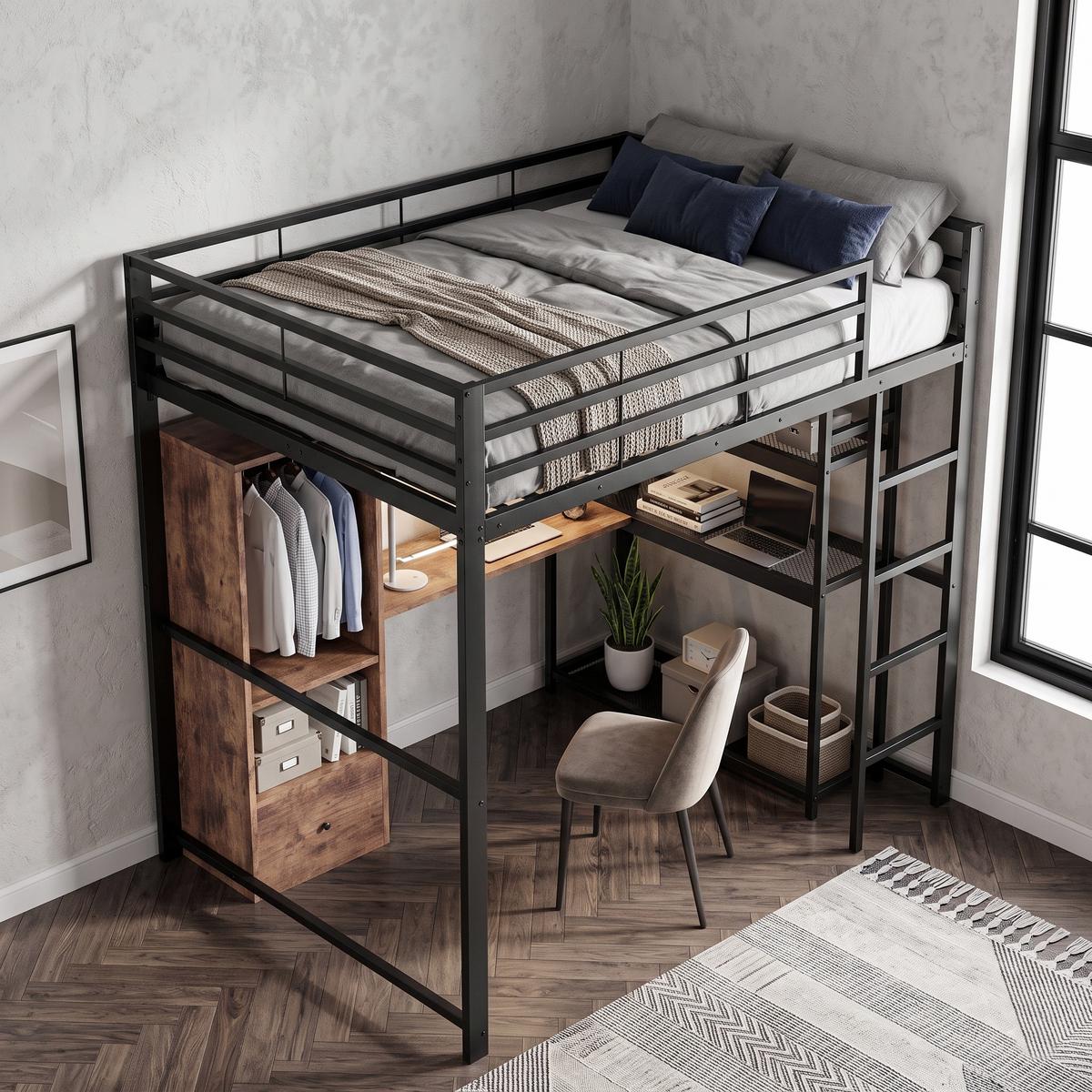 HOCHBETT metall schwarz 140x200cm mit schreibtisch led - Schwarz, Holzwerkstoff (140/200cm) - Urban Meuble