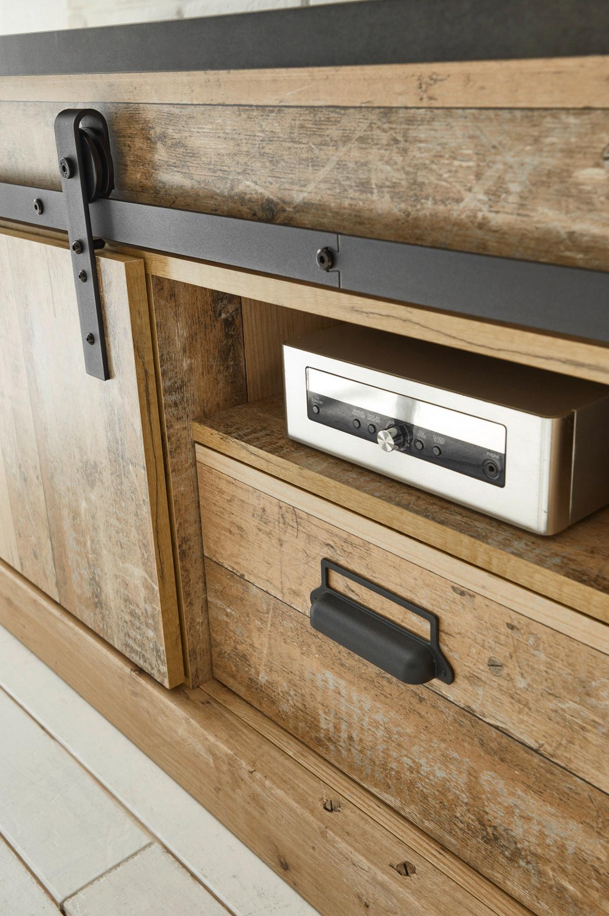 WOHNWAND Used Wood hell, anthrazit 3-teilig 314 cm, Schrankwand mit Soft-Close - Anthrazit/Schwarz, Holzwerkstoff/Metall (314/180/43cm) - Furn.Design