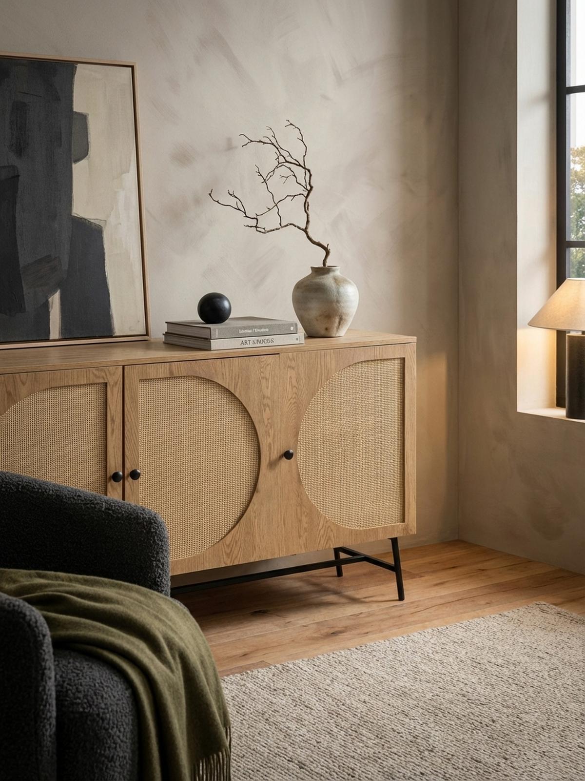 SIDEBOARD – Eiche-Dekor/Rattan, 140x80x39 cm, 3 Türen, hoch - Schwarz/Braun, Holzwerkstoff/Metall (140/80/39cm) - KADIMA DESIGN