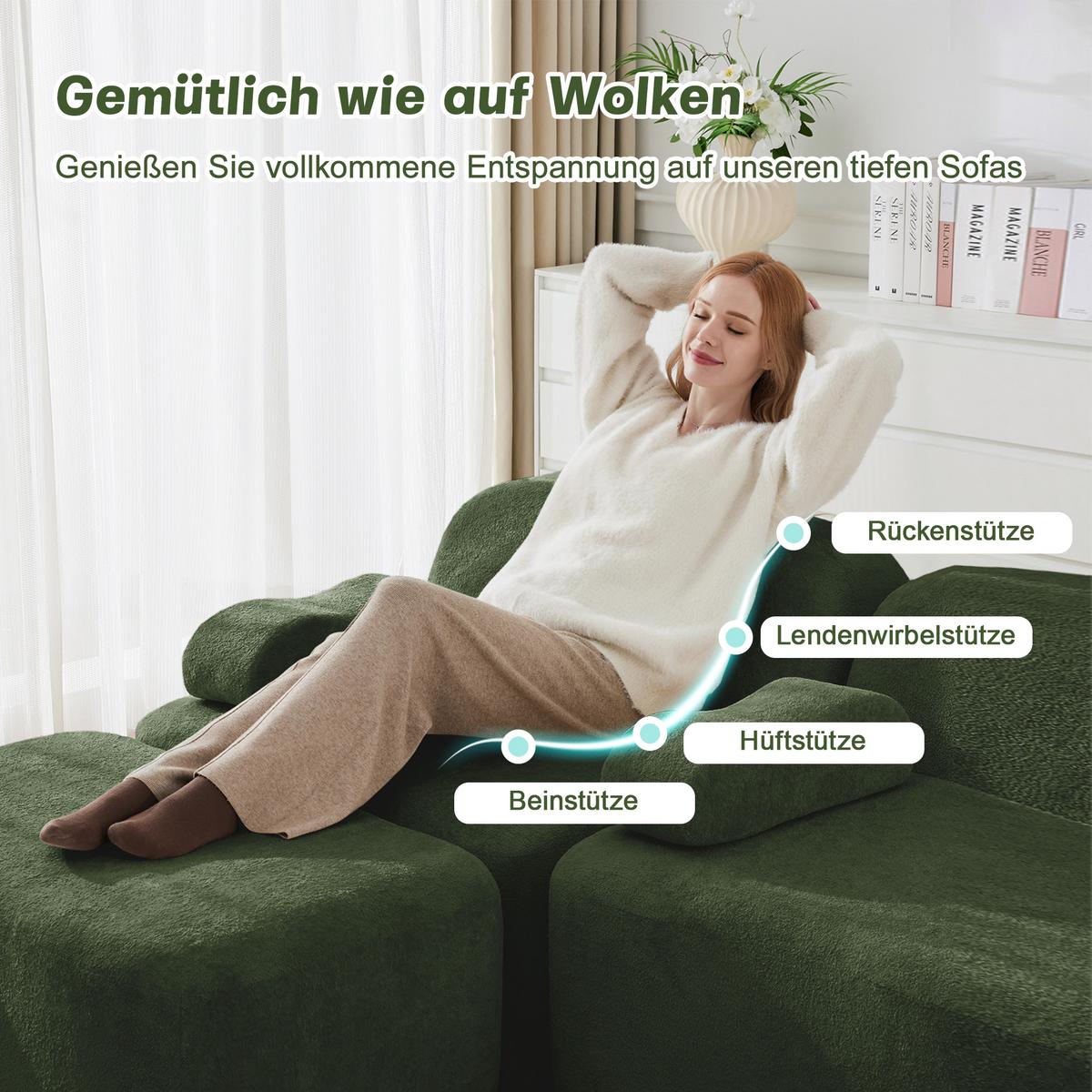2-SITZER SOFA Modulares Boneless Samt Wellenform - Grün, Textil (192/70/98cm) - Urban Meuble