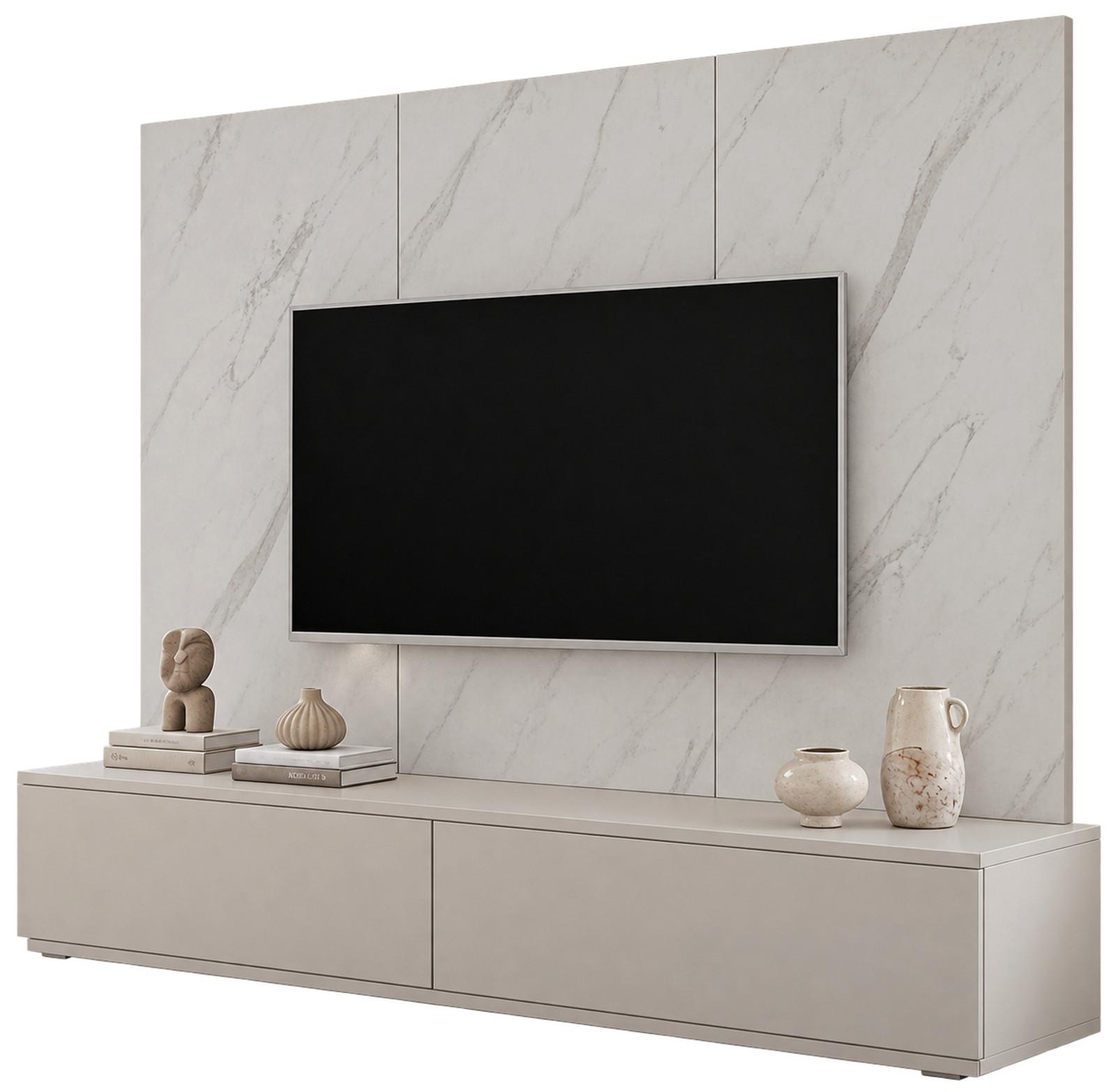 TV-LOWBOARD kaschmir, Marmor weiß 180 cm, TV Unterschrank Set mit Wandpaneel und Push-to-Open - Kaschmir/Weiß, Holzwerkstoff (180/155/45cm) - Inn.Furn
