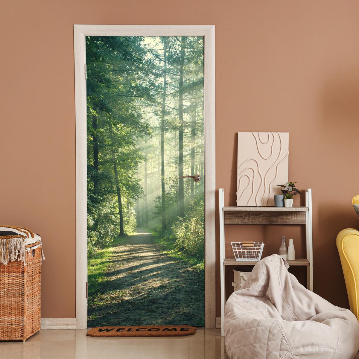 TÜRAUFKLEBER Wald - Weg - Sonne - Bäume - Grün - Natur Room Decor 85x205 cm - Türtapete - Waldgrün, Kunststoff (85/0.1cm) - MuchoWow