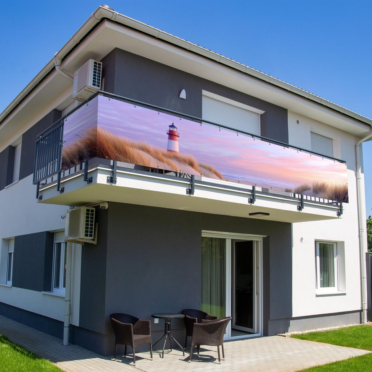 BALKON-SICHTSCHUTZ Leuchtturm - Dünen - Sonnenuntergang Groß 500x90 cm - Hellrosa, Kunststoff (500/90cm) - MuchoWow